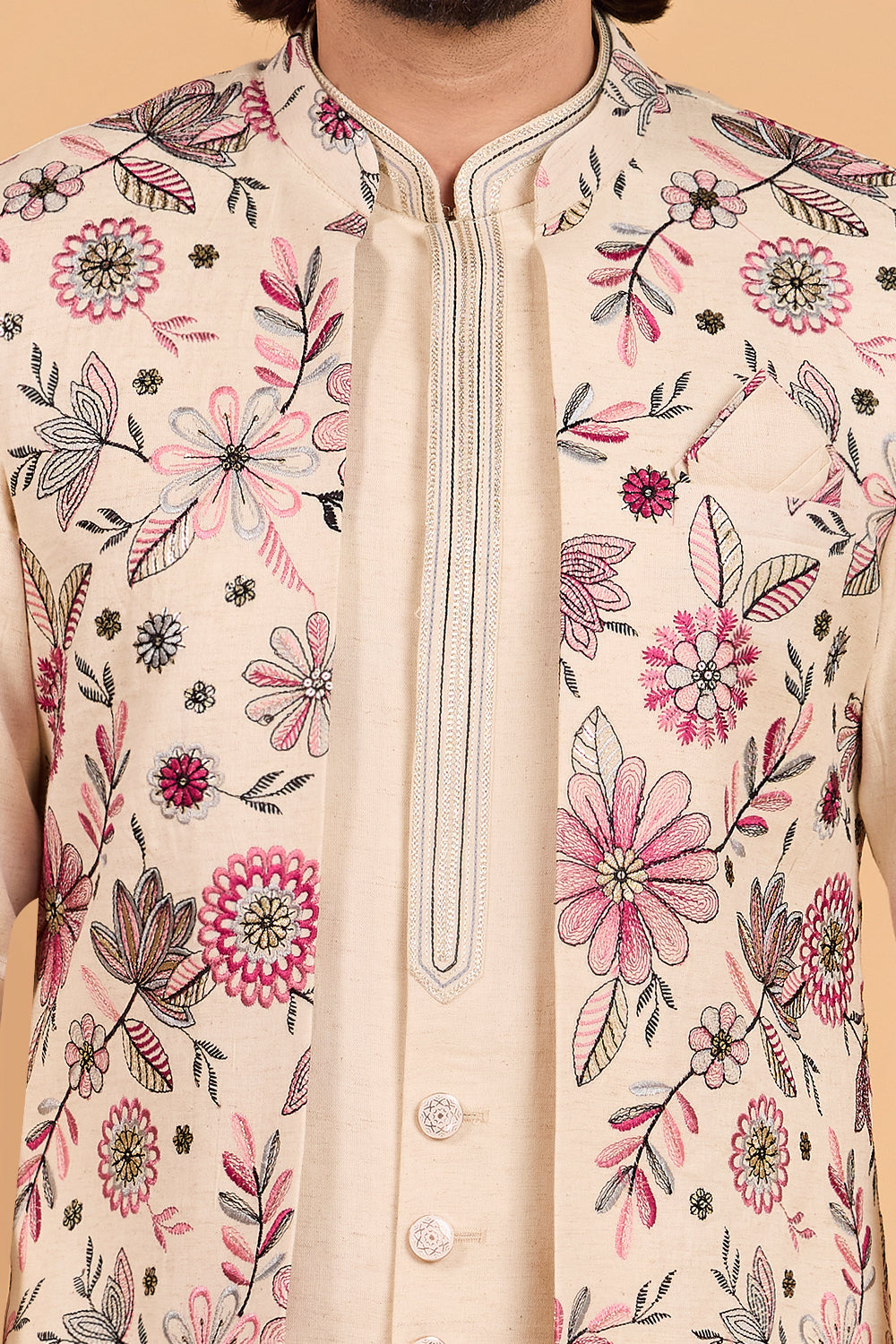 Cream Art Silk Floral Embroidered Indo Western (NMK-8793)