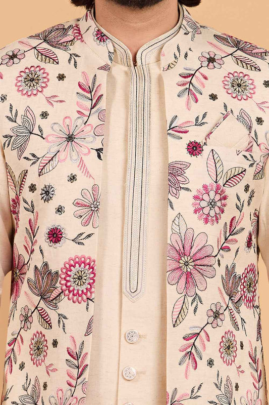 Cream Art Silk Floral Embroidered Indo Western (NMK-8793)