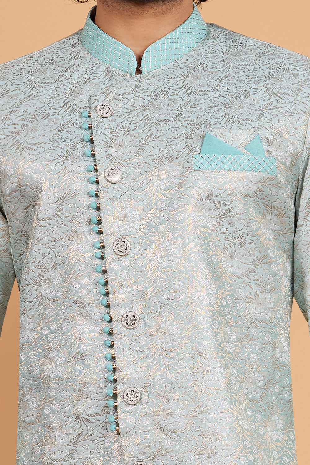 Pista Green Banarasi Jaquard Indo Western (NMK-8795)