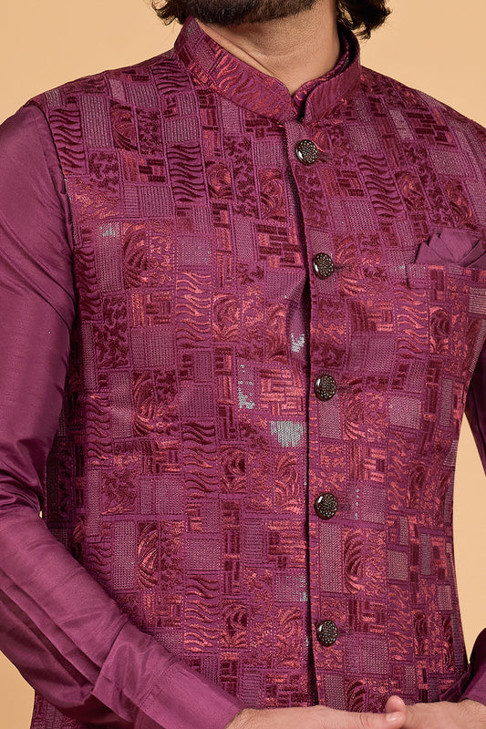 Wine Art Silk Nehru Jacket (NMK-8803)