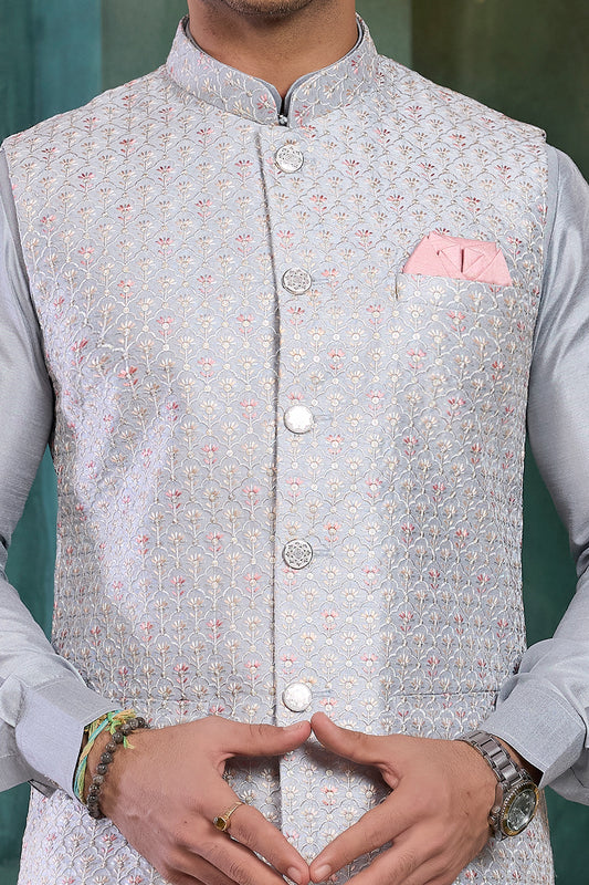 Grey Art Silk Nehru Jacket (NMK-8807)