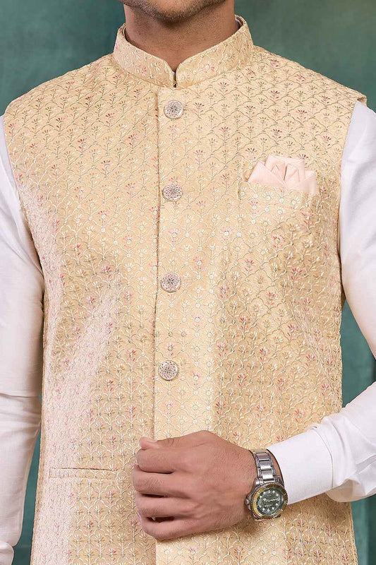 Beige Art Silk Nehru Jacket (NMK-8808)