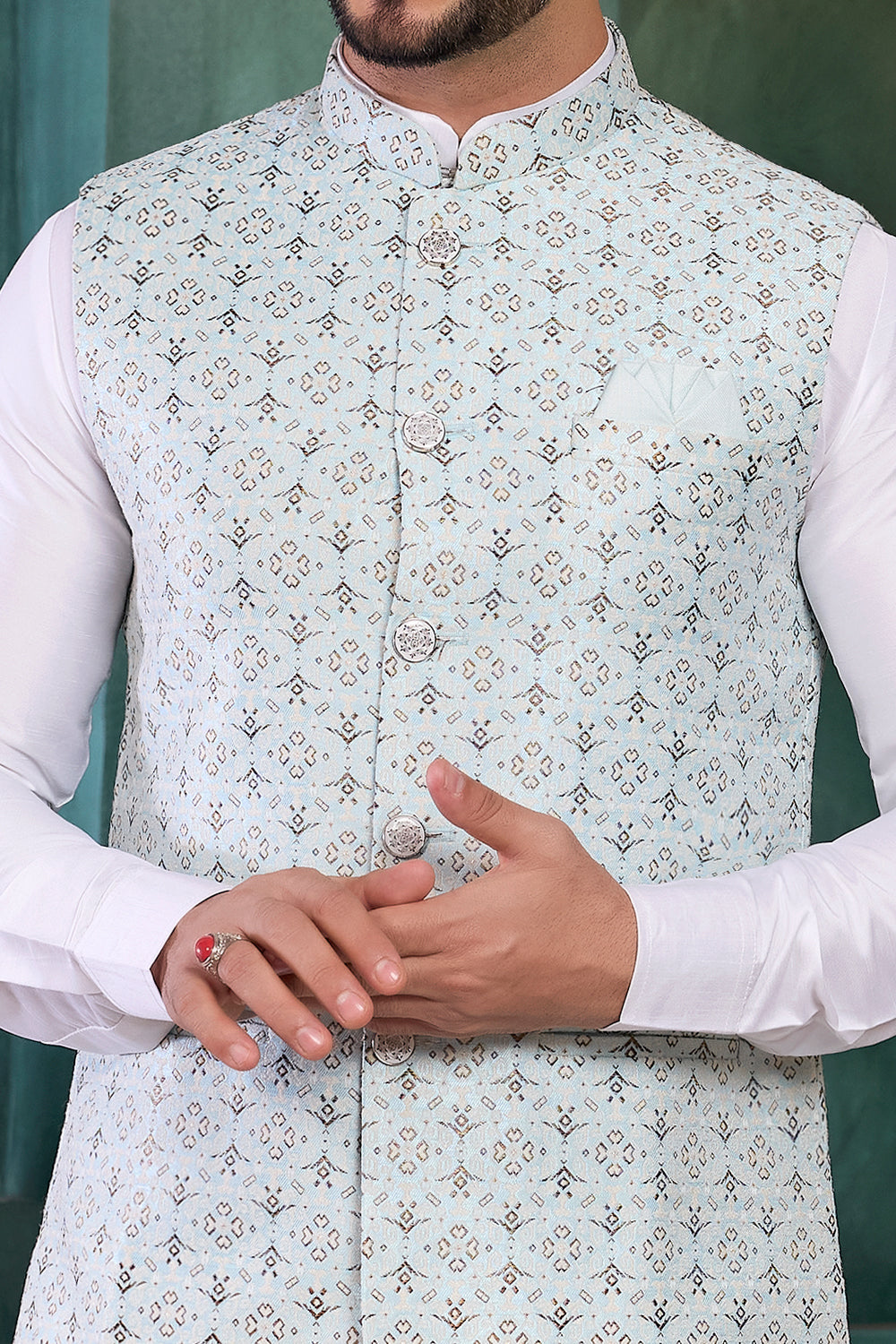 Blue Jaquard Mens Nehru Jacket (NMK-8813)