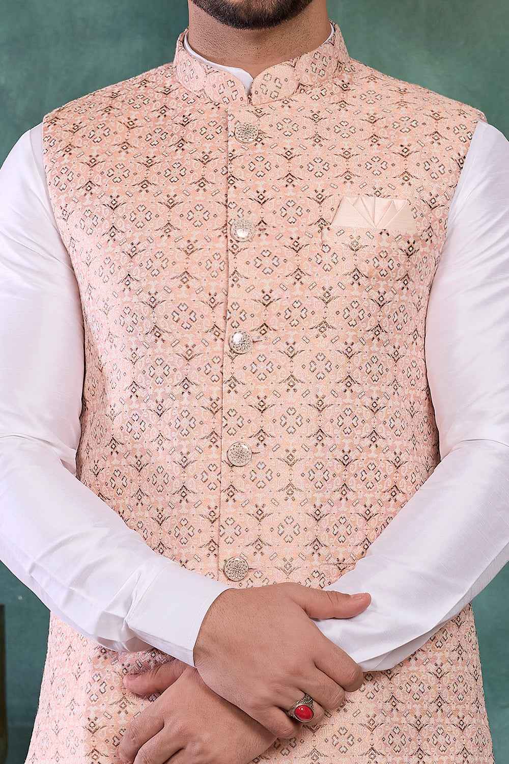 Peach Jaquard Nehru Jacket (NMK-8814)
