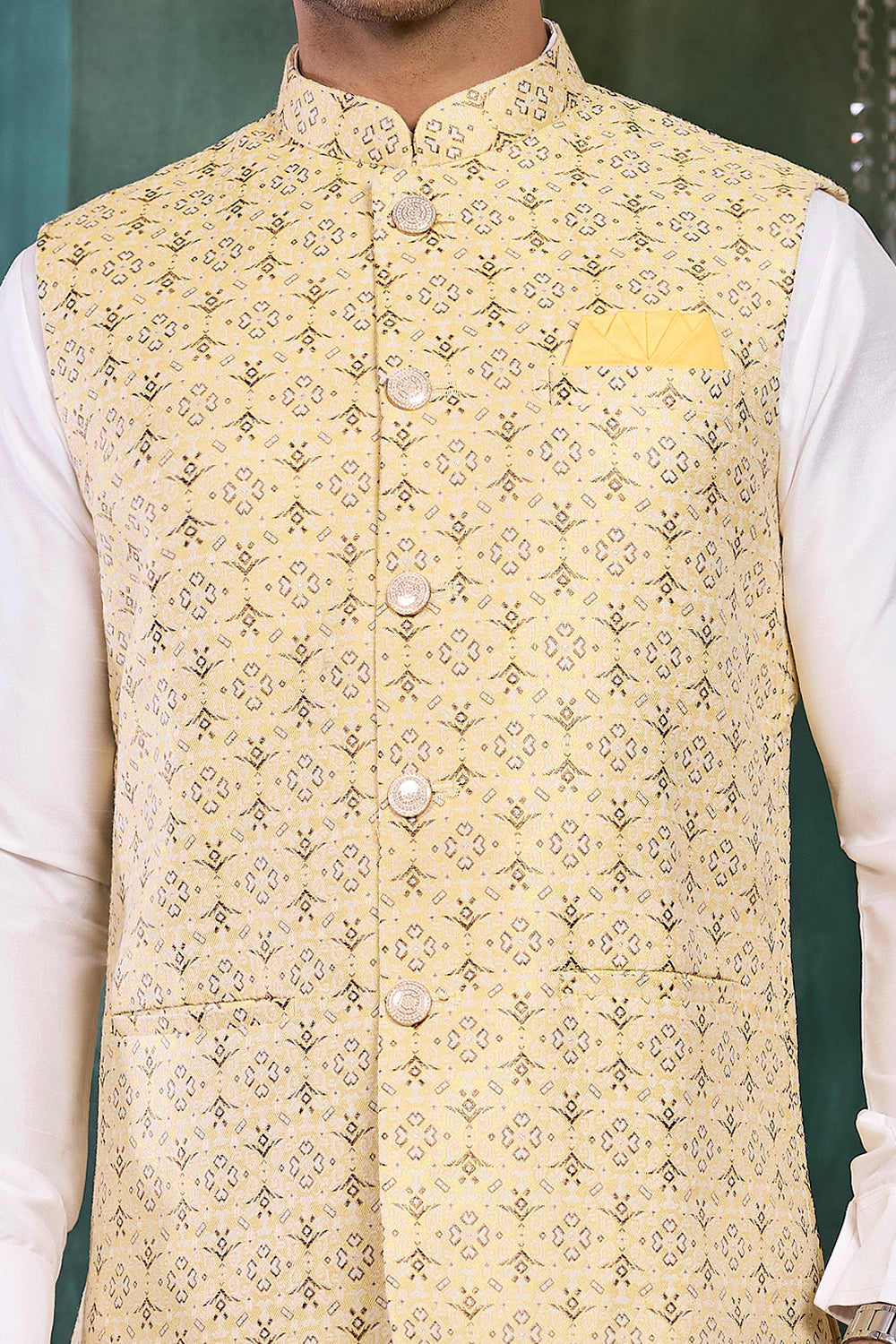 Yellow Jaquard Nehru Jacket (NMK-8815)