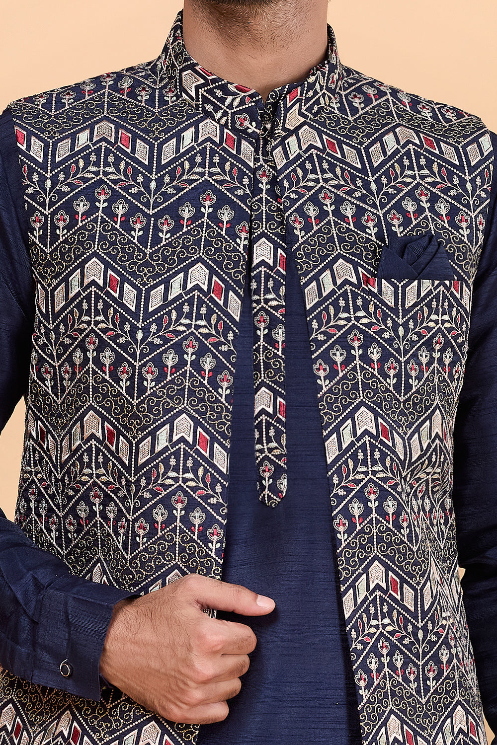Navy Blue Art Silk Nehru Jacket (NMK-8825)
