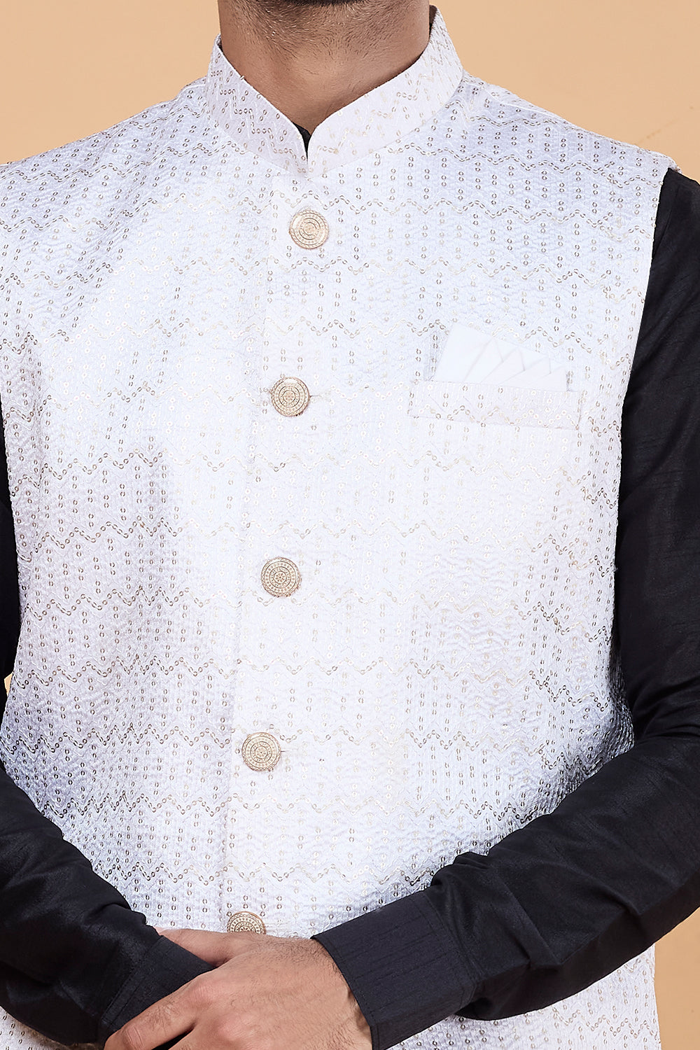 Off White Art Silk Nehru Jacket (NMK-8828)