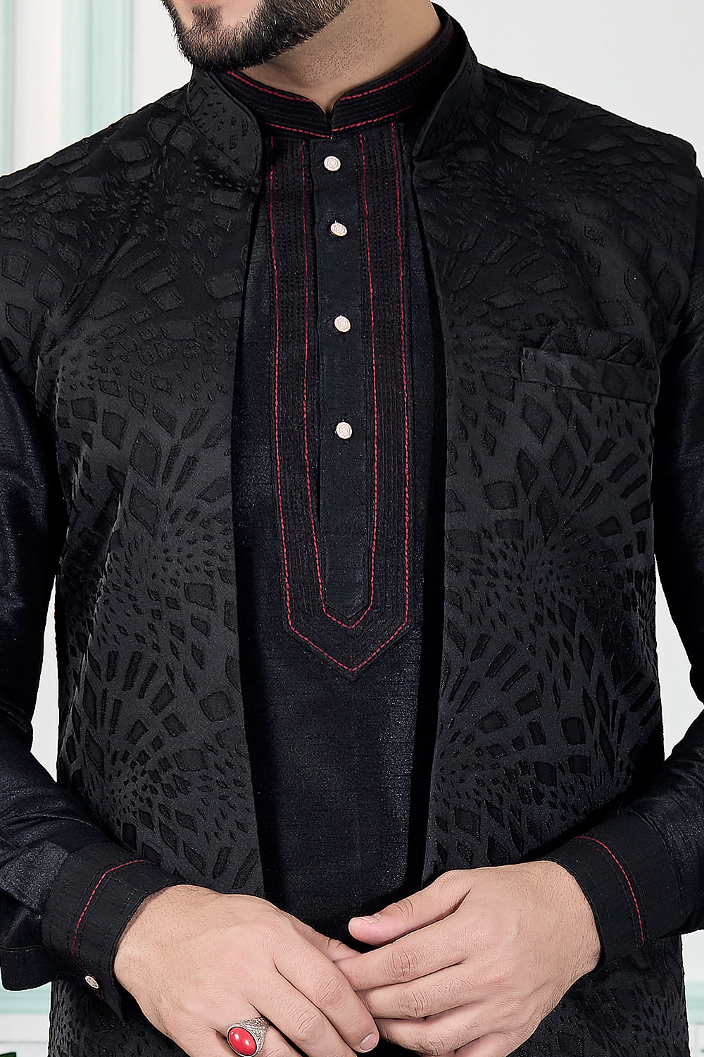 Black Jaquard Nehru Jacket (NMK-8833)