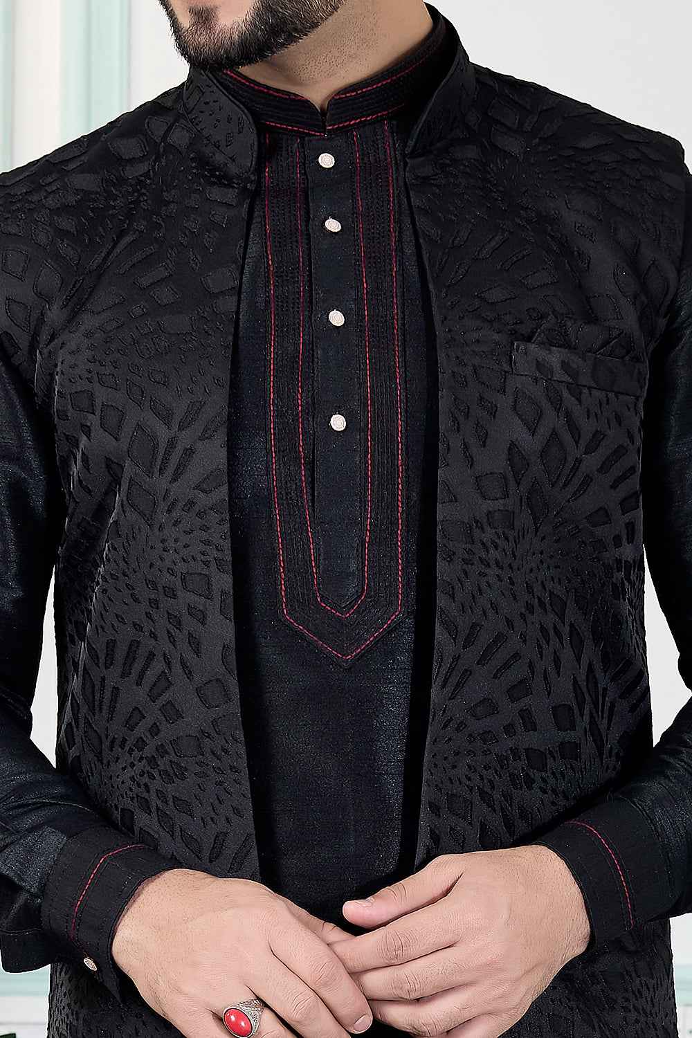 Black Jaquard Nehru Jacket (NMK-8833)
