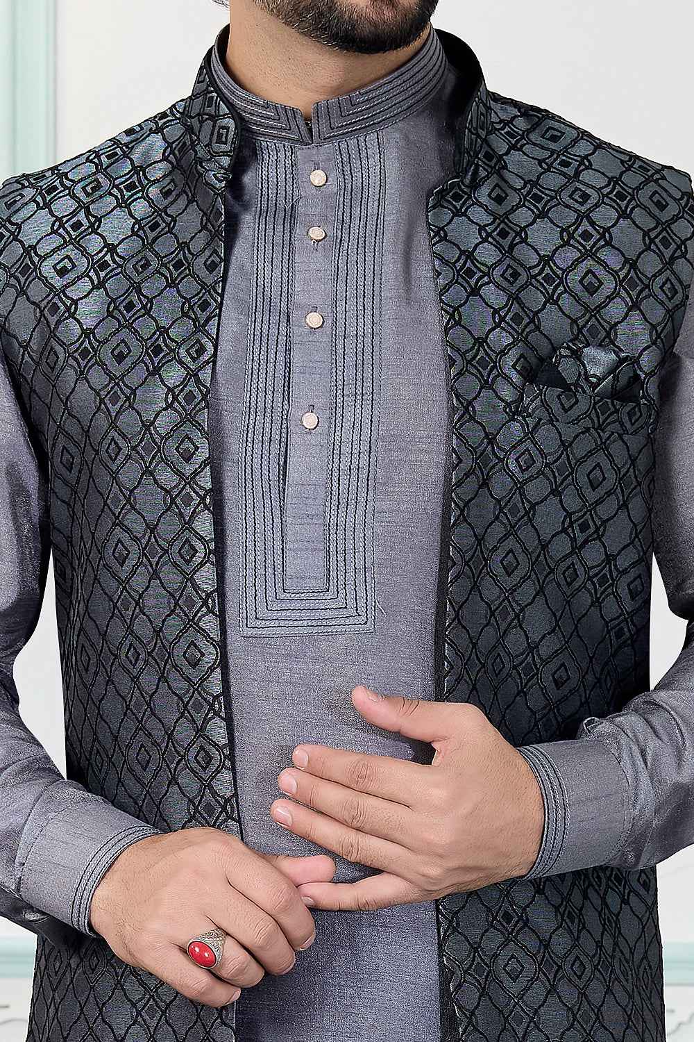 Grey Jaquard Mens Nehru Jacket (NMK-8834)
