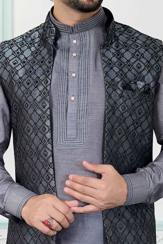 Grey Jaquard Mens Nehru Jacket (NMK-8834)