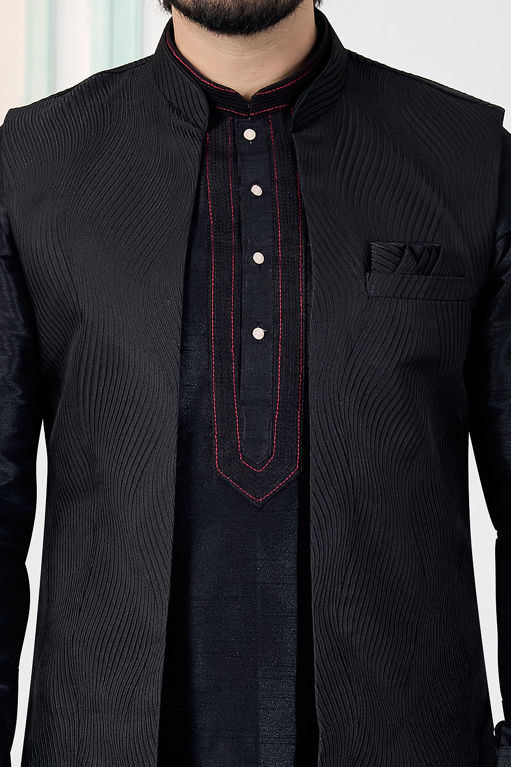 Black Jaquard Nehru Jacket for Men (NMK-8837)