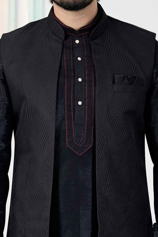 Black Jaquard Nehru Jacket for Men (NMK-8837)