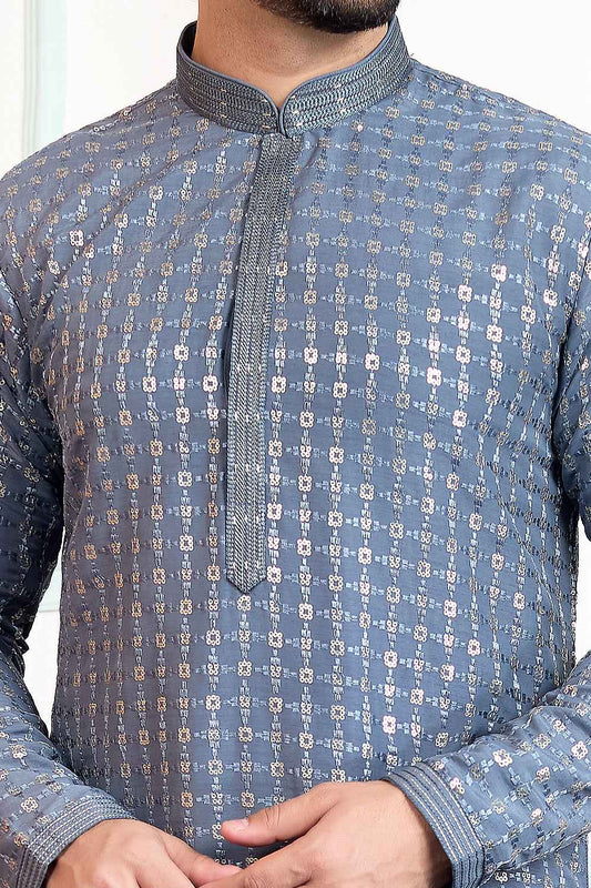 Blueish Grey Art Silk Kurta Pajama (NMK-8863)