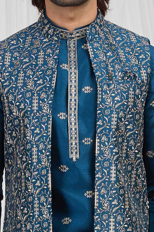 Teal Blue Art Silk Nehru Jacket (NMK-8897)