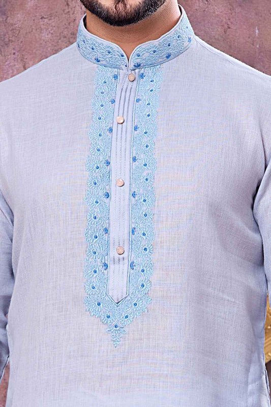 Sky Blue Semi Linen Cotton Kurta Pajama (NMK-8933)
