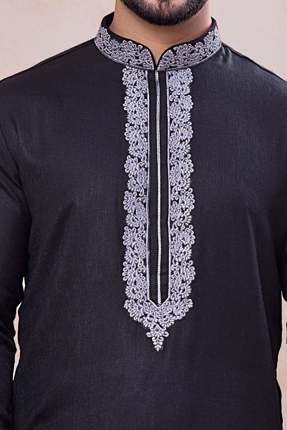 Black Semi Linen Cotton Kurta Pajama (NMK-8937)