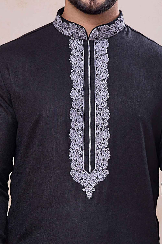 Black Semi Linen Cotton Kurta Pajama (NMK-8937)