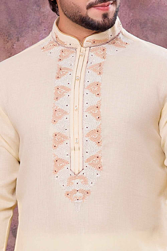 Yellow Semi Linen Cotton Kurta Pajama (NMK-8939)