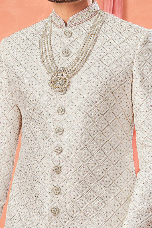Off White Art Silk Wedding Sherwani (NMK-8944)