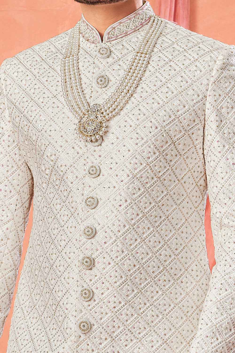 Off White Art Silk Wedding Sherwani (NMK-8944)