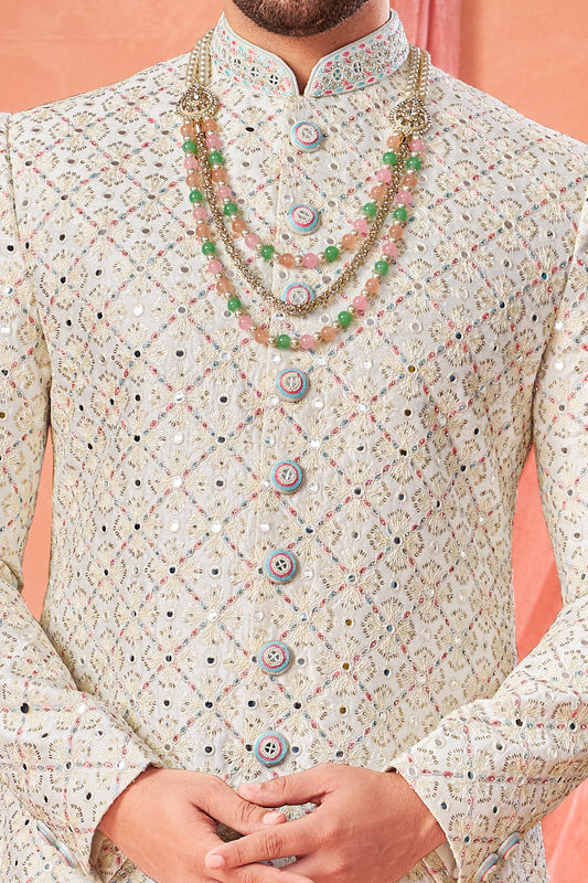 Off White Art Silk Embroidered Sherwani (NMK-8947)