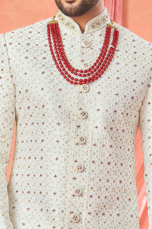 Off White Art Silk Grooms Wedding Sherwani (NMK-8950)