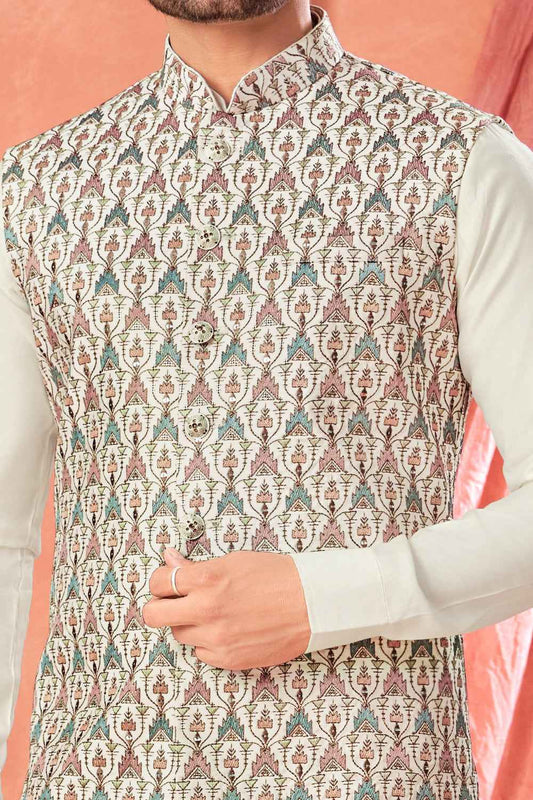 Cream Art Banarasi Silk Nehru Jacket (NMK-8951)