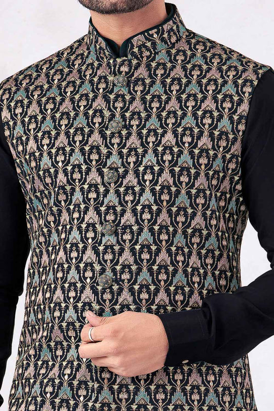 Navy Blue Art Banarasi Silk Nehru Jacket (NMK-8952)