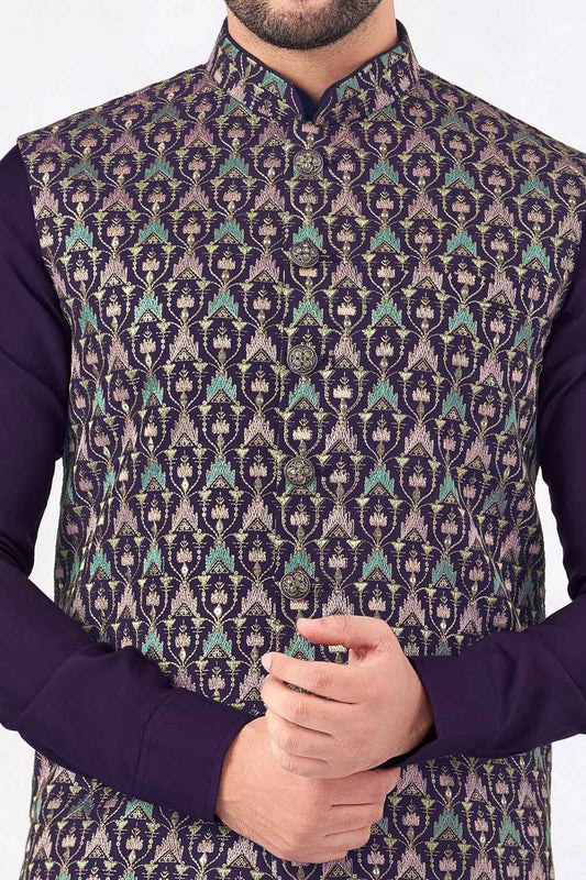 Purple Art Banarasi Silk Nehru Jacket (NMK-8953)