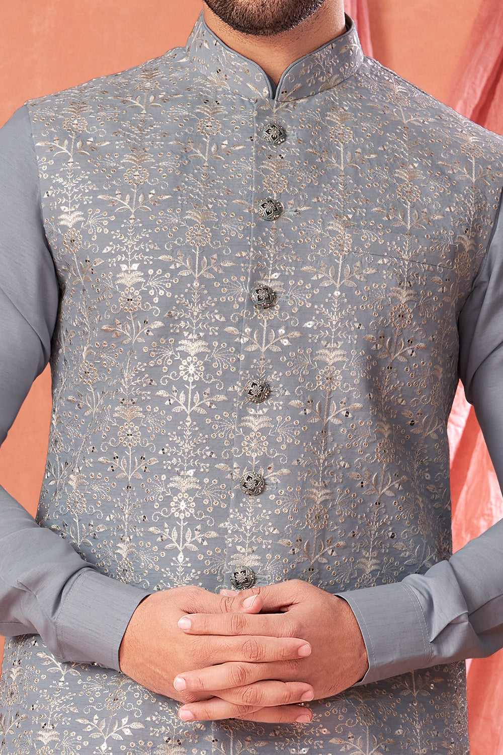 Ice Blue Art Banarasi Silk Nehru Jacket (NMK-8954)