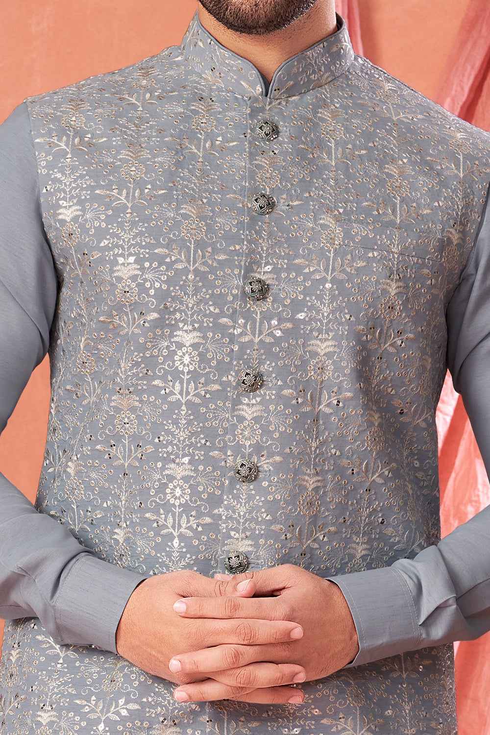 Ice Blue Art Banarasi Silk Nehru Jacket (NMK-8954)