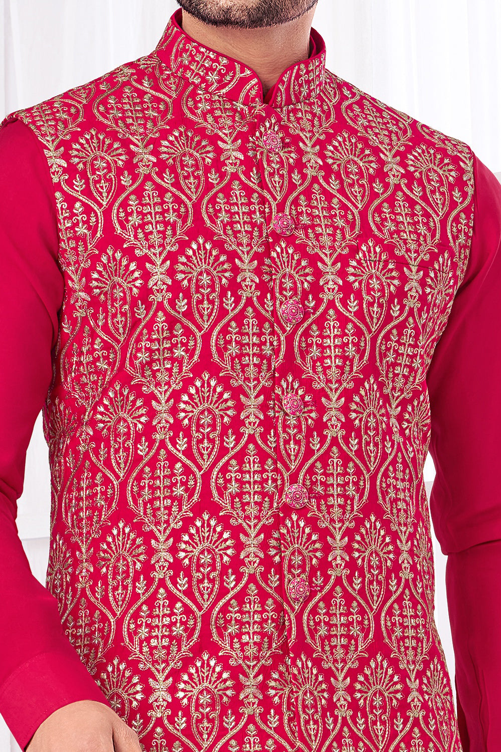 Dark Pink Art Banarasi Silk Nehru Jacket (NMK-8957)