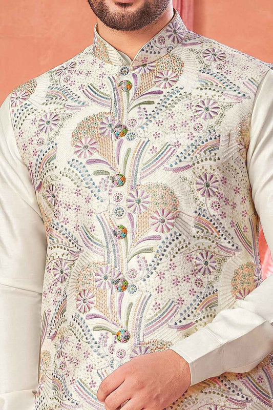 Cream Art Banarasi Silk Mens Nehru Jacket (NMK-8964)