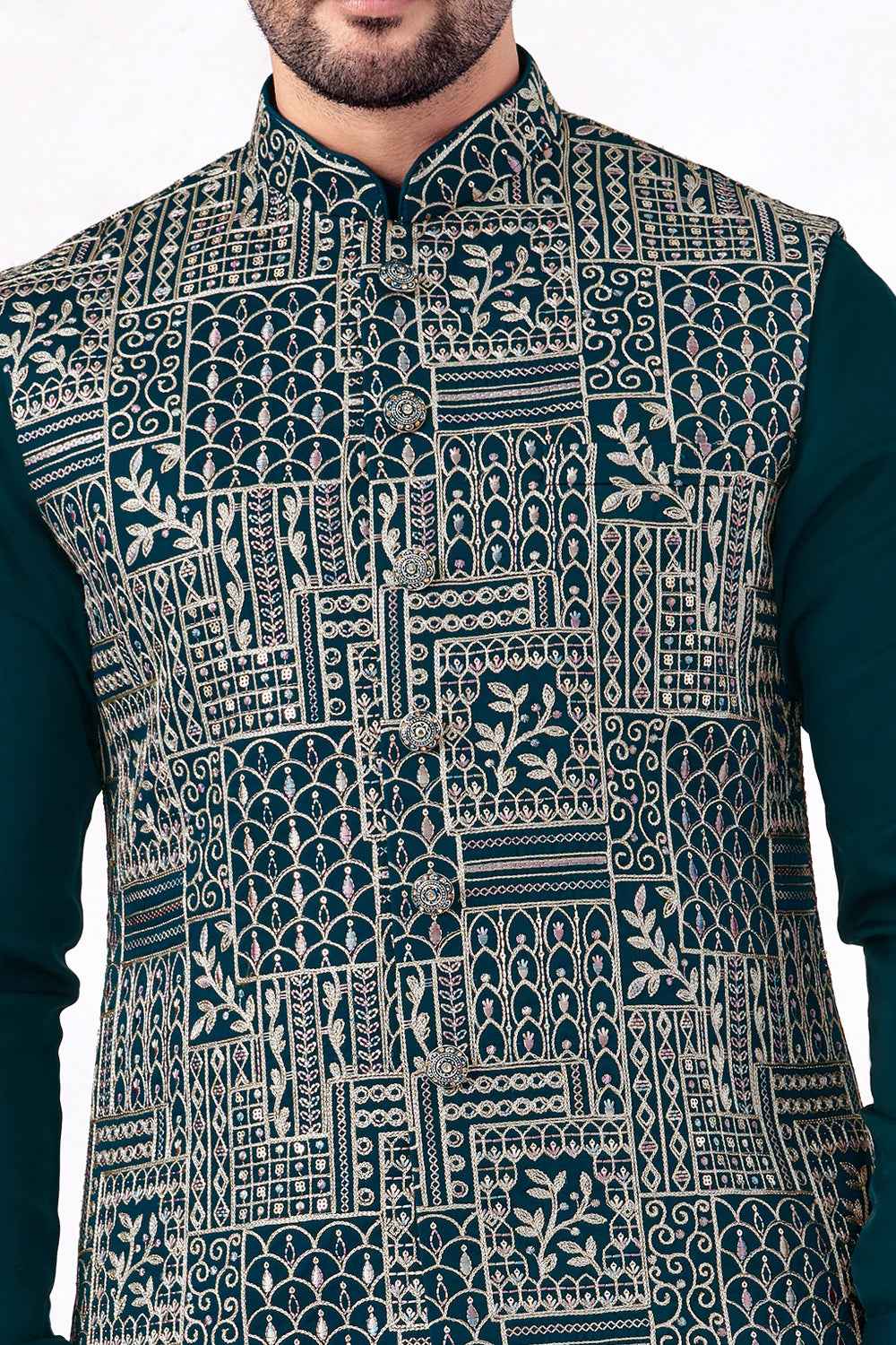 Teal Art Banarasi Silk Nehru Jacket (NMK-8969)