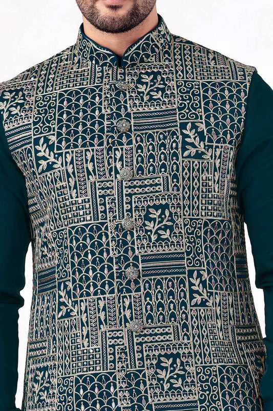 Teal Art Banarasi Silk Nehru Jacket (NMK-8969)