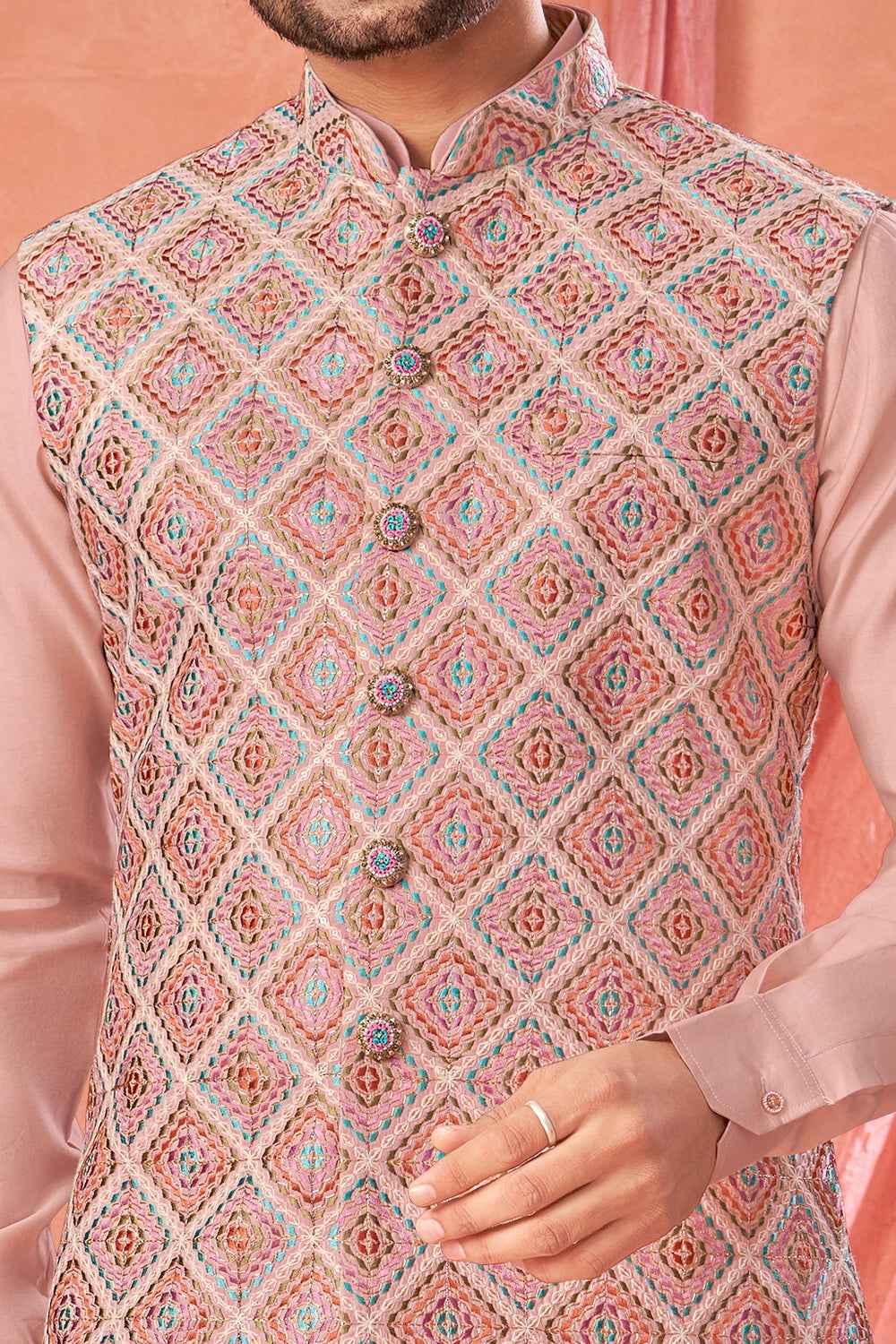 Pink Art Banarasi Silk Nehru Jacket (NMK-8972)