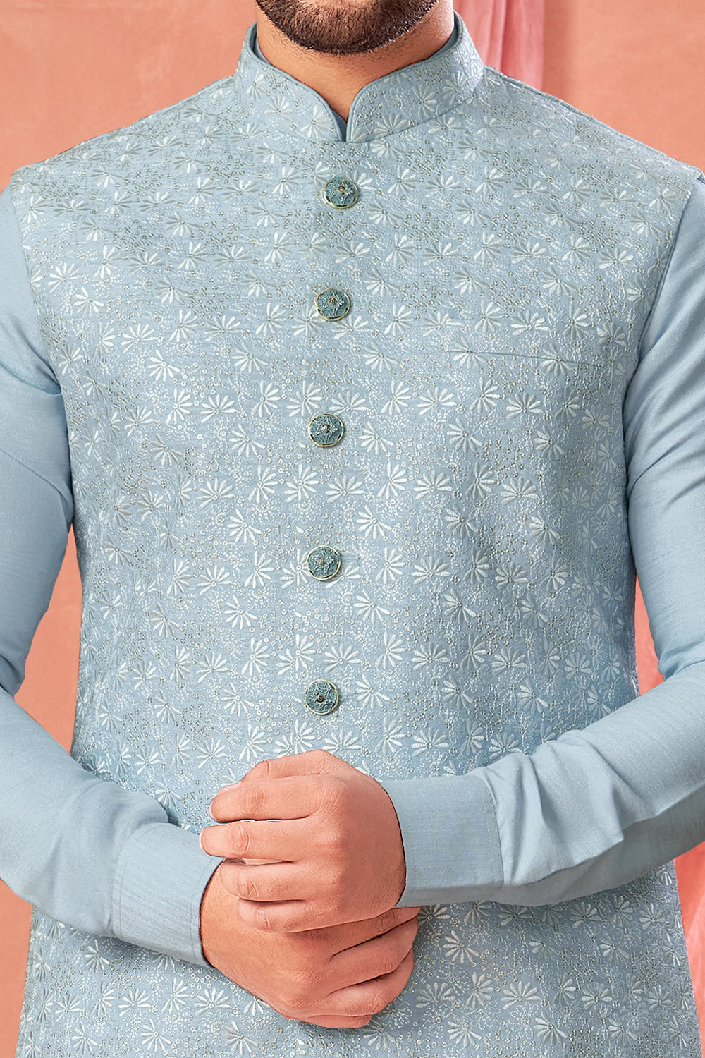 Ice Blue Art Banarasi Silk Nehru Jacket (NMK-8974)