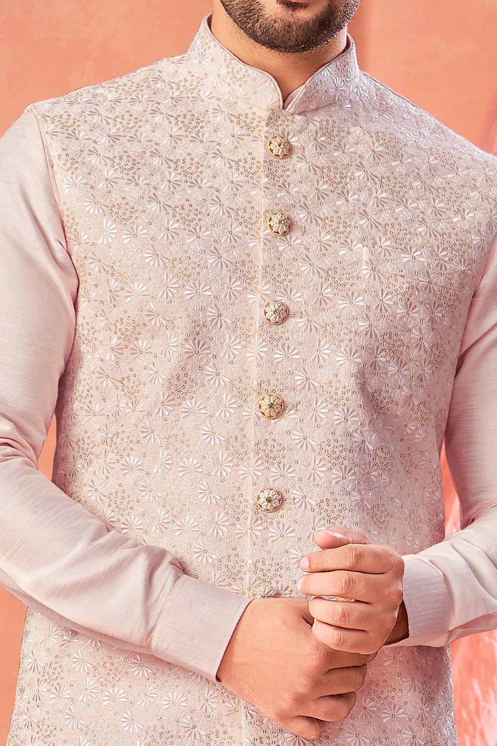 Peach Art Banarasi Silk Nehru Jacket (NMK-8976)