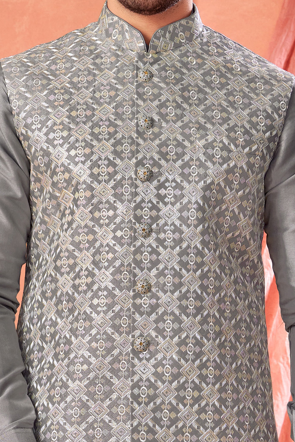 Grey Art Banarasi Silk Mens 'Nehru Jacket (NMK-8982)