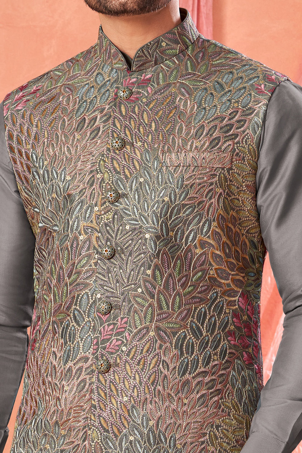 Grey Art Banarasi Silk Nehru Jacket for Men (NMK-8987)