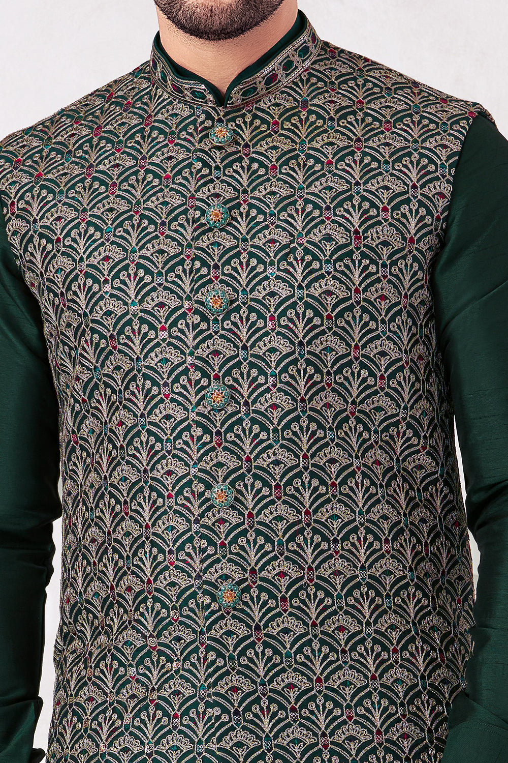 Bottle Green Art Banarasi Silk Nehru Jacket (NMK-8992)