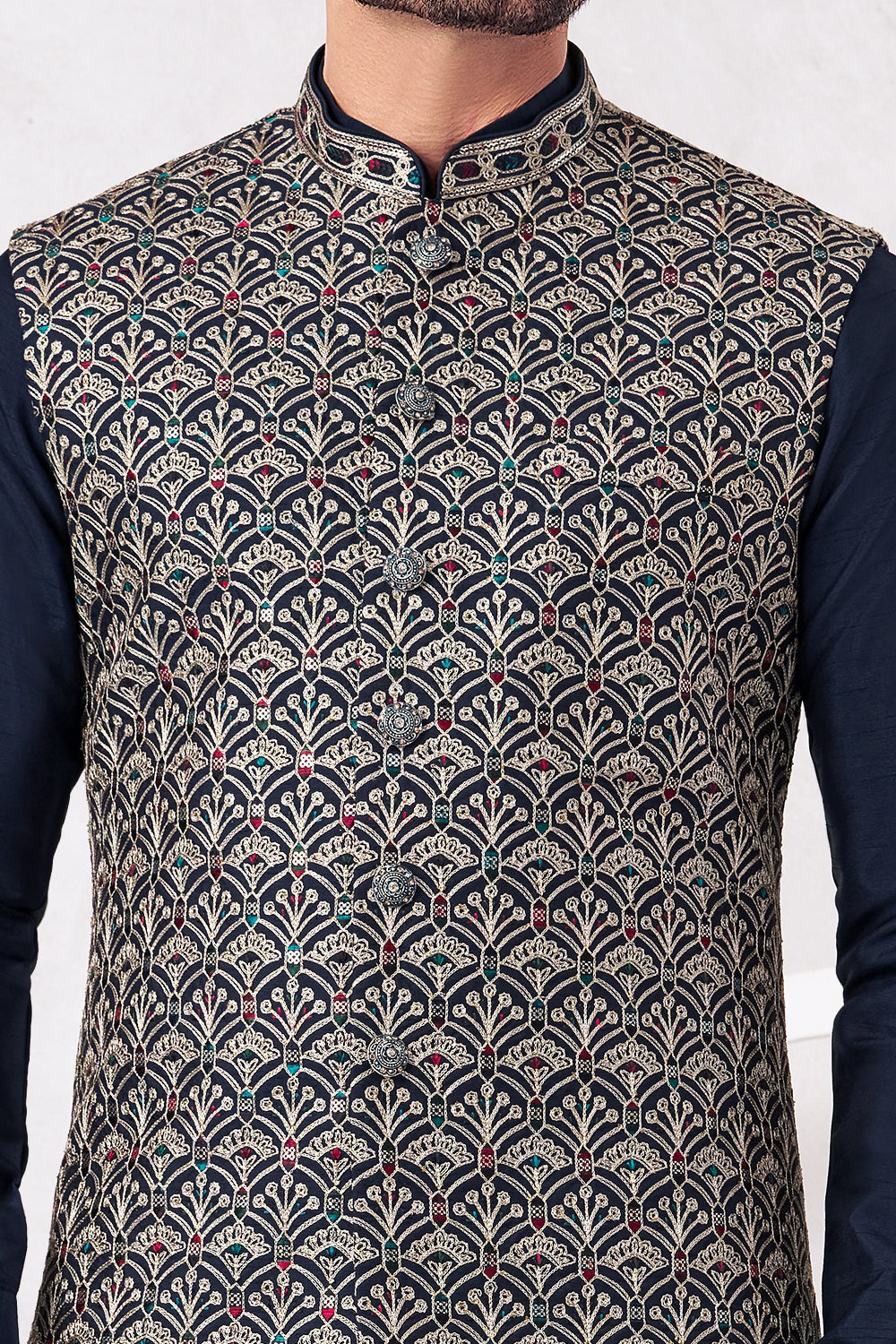 Navy Blue Art Banarasi Silk Nehru Jacket (NMK-8993)