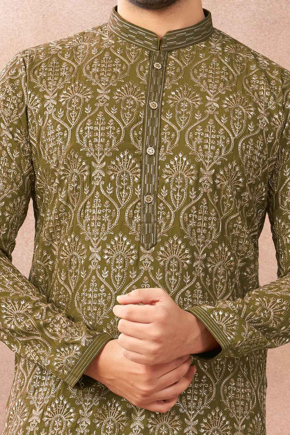 Mehendi Green Art Banarasi Silk Kurta Pajama (NMK-9005)