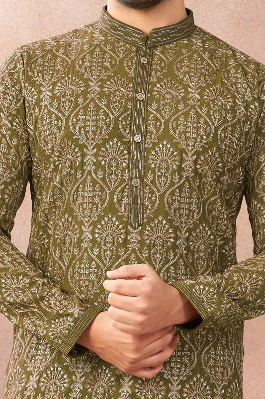 Mehendi Green Art Banarasi Silk Kurta Pajama (NMK-9005)