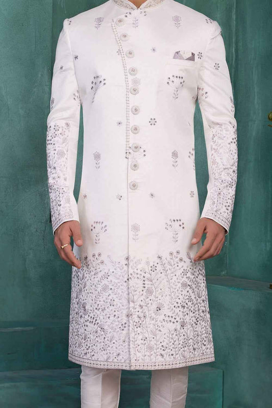 Off White Art Silk Wedding Sherwani (NMK-9034)