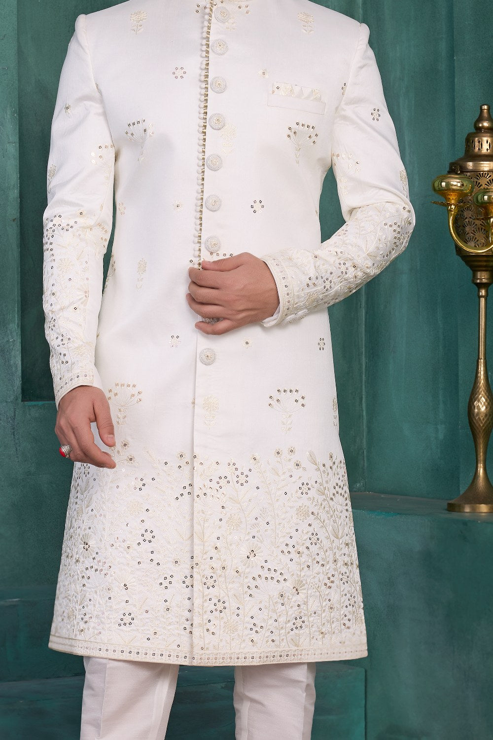 Off White Art Silk Mens Sherwani (NMK-9035)