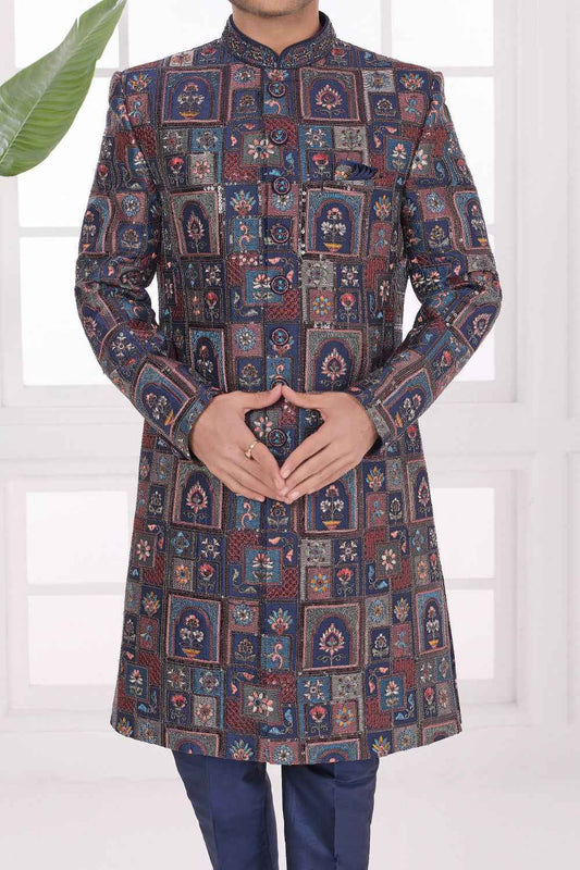 Navy Blue Art Silk Sherwani (NMK-9046)