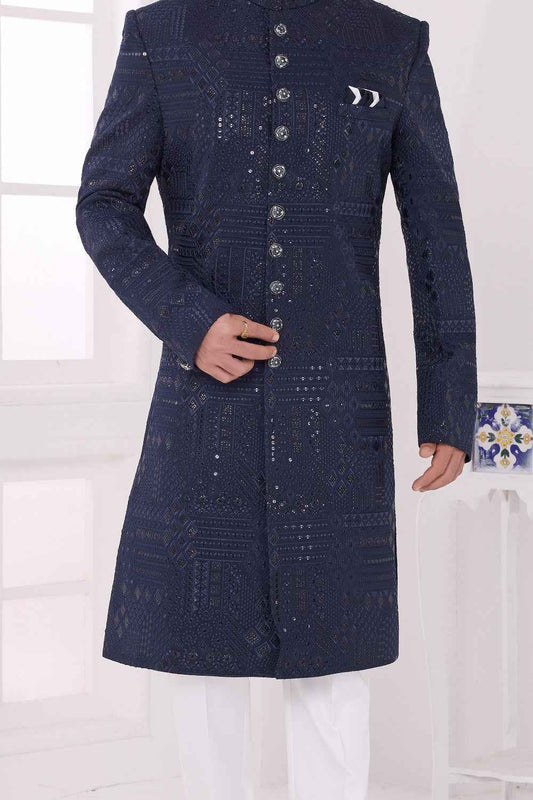 Navy Blue Art Silk Mens Sherwani (NMK-9048)