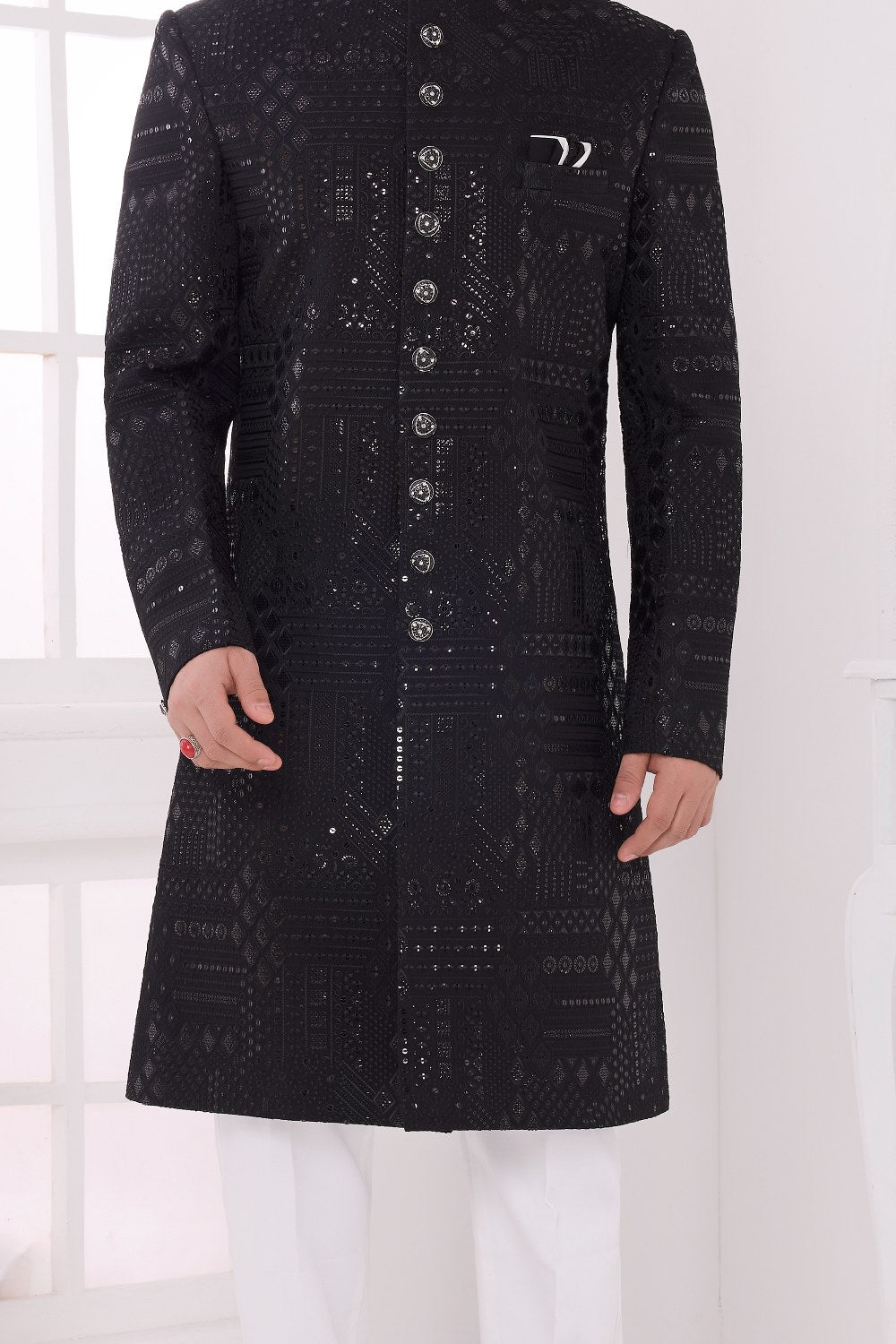 Black Art Silk Sherwani (NMK-9049)